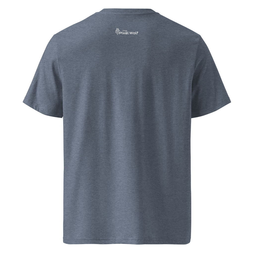 Dark Heather Blue organic cotton t-shirt with The Pixel Wolf logo printed on upper back