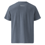 Dark Heather Blue organic cotton t-shirt with The Pixel Wolf logo printed on upper back