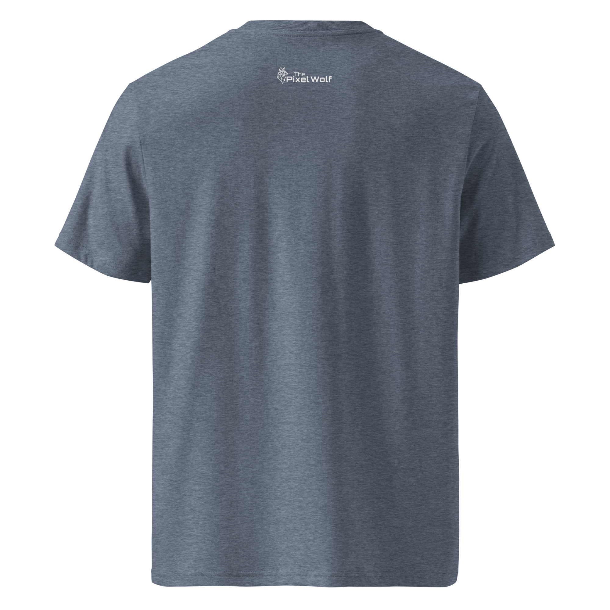 Dark Heather Blue organic cotton t-shirt with The Pixel Wolf logo printed on upper back