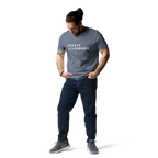 Dark Heather Blue organic cotton t-shirt lifestyle photo of man wearing “CREATE with PURPOSE”