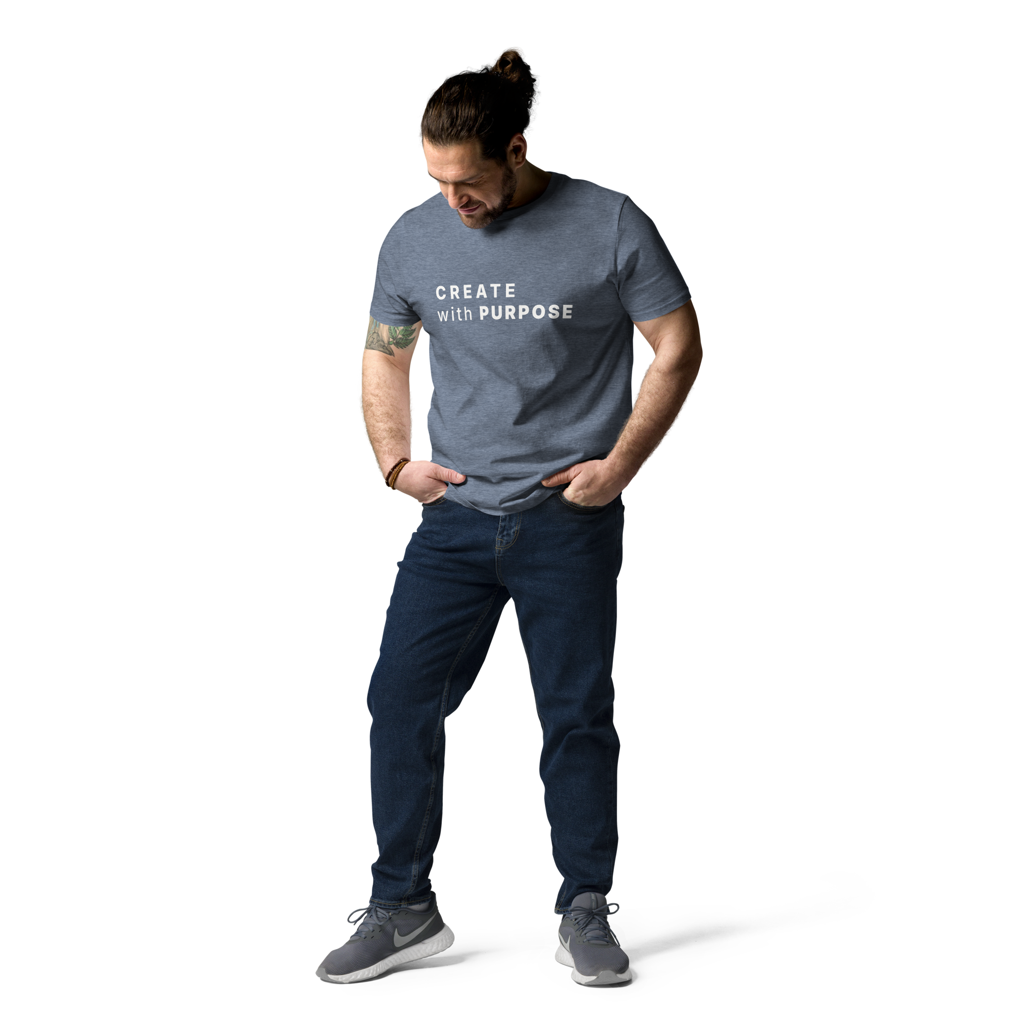 Dark Heather Blue organic cotton t-shirt lifestyle photo of man wearing “CREATE with PURPOSE”