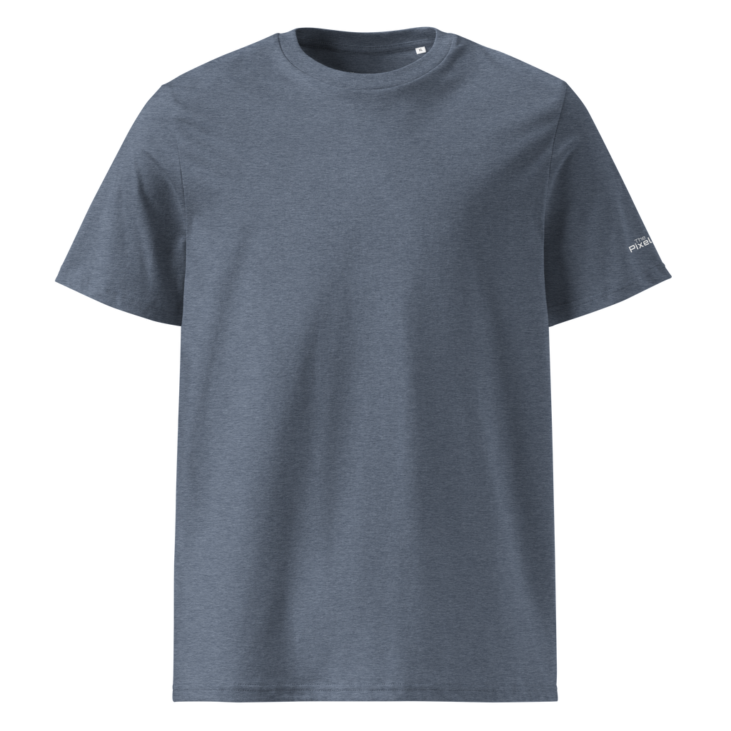Dark Heather Blue organic cotton t-shirt front flat view – The Pixel Wolf