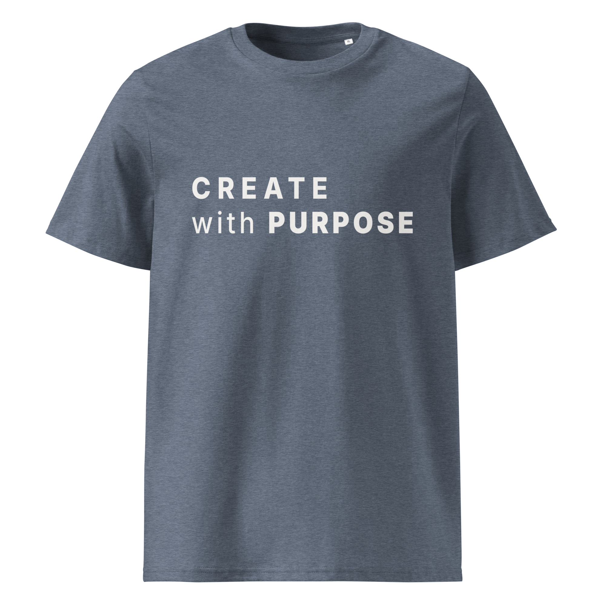 Dark Heather Blue organic cotton t-shirt with “CREATE with PURPOSE” print on chest