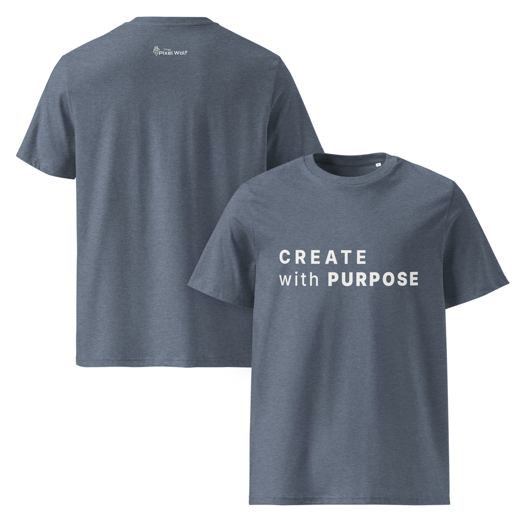 Dark Heather Blue organic cotton t-shirt with “CREATE with PURPOSE” front print and The Pixel Wolf logo on back