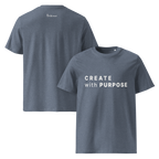 Dark Heather Blue organic cotton t-shirt with “CREATE with PURPOSE” front print and The Pixel Wolf logo on back