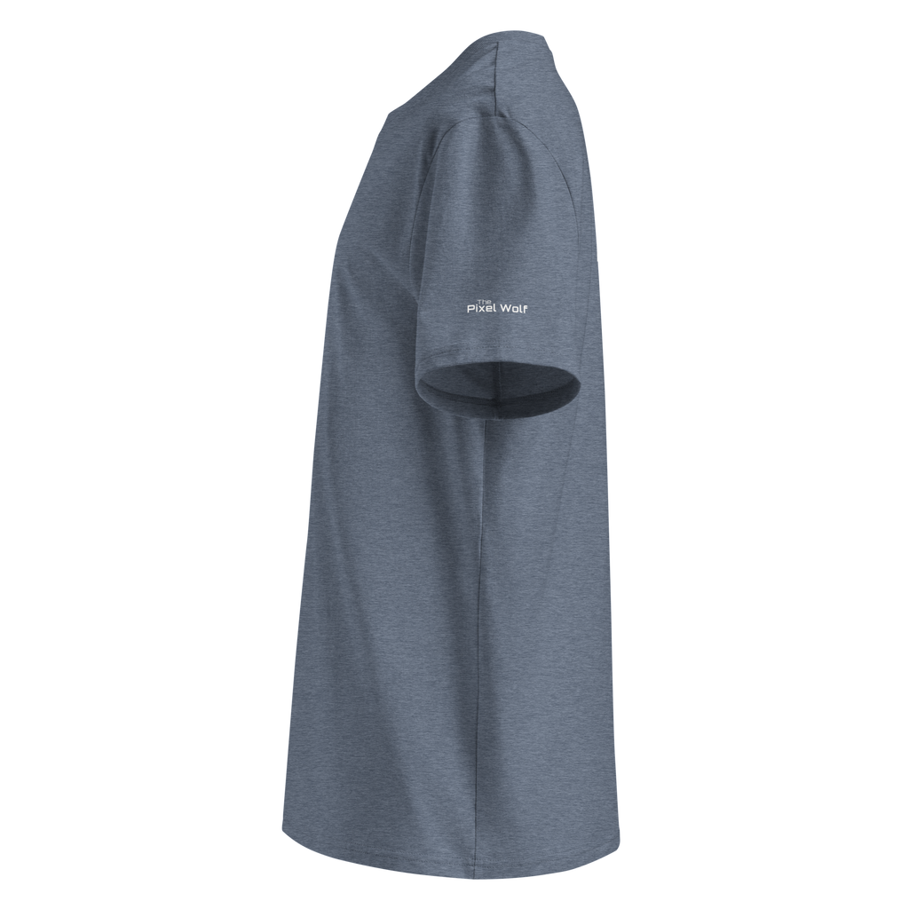 Dark Heather Blue organic cotton t-shirt left side view with sleeve logo detail – The Pixel Wolf