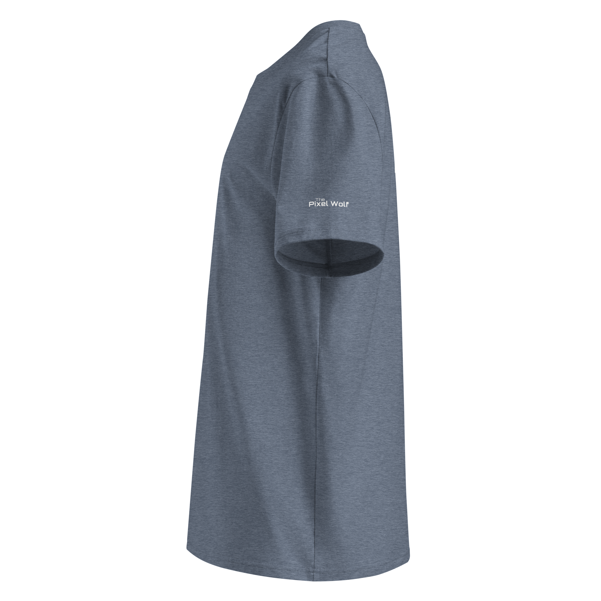 Dark Heather Blue organic cotton t-shirt left side view with sleeve logo detail – The Pixel Wolf