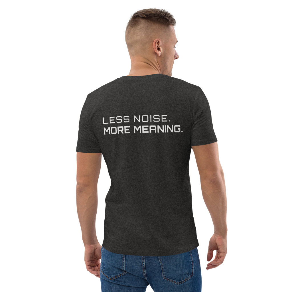Dark Heather Grey organic cotton t-shirt lifestyle worn by model – The Pixel Wolf
