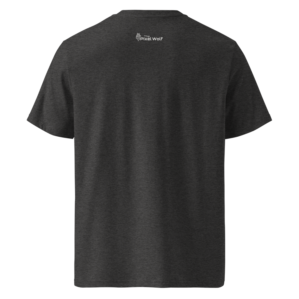 Dark Heather Grey organic cotton t-shirt with The Pixel Wolf logo printed on upper back