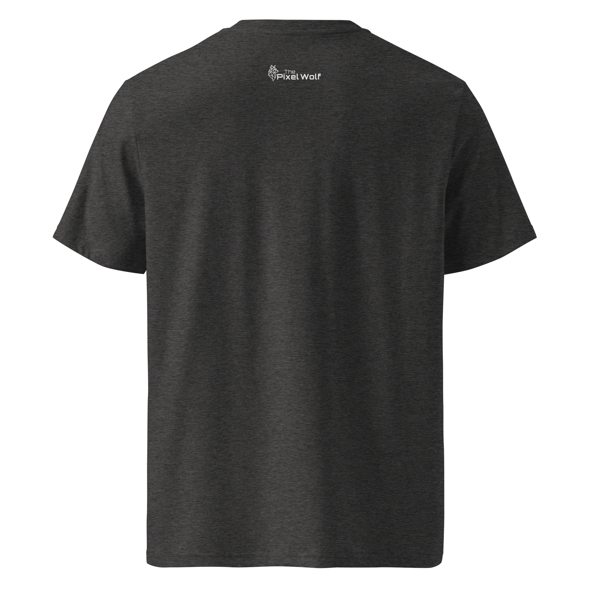 Dark Heather Grey organic cotton t-shirt with The Pixel Wolf logo printed on upper back
