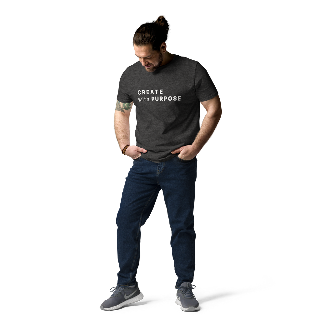 Dark Heather Grey organic cotton t-shirt lifestyle photo of man wearing “CREATE with PURPOSE”