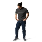 Dark Heather Grey organic cotton t-shirt lifestyle photo of man wearing “CREATE with PURPOSE”