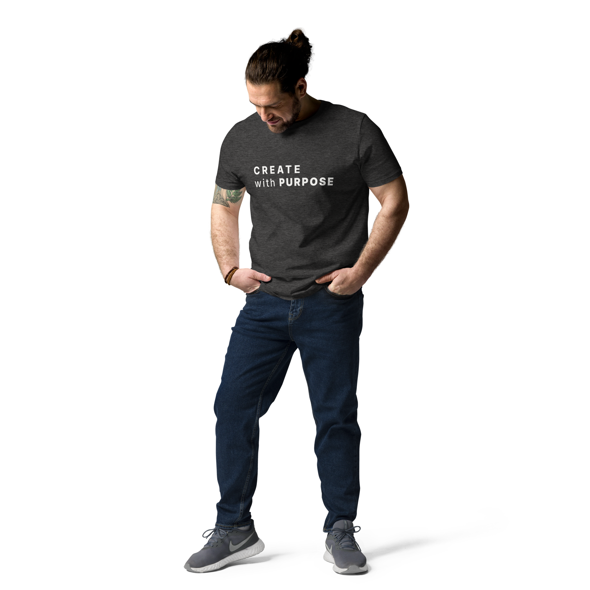Dark Heather Grey organic cotton t-shirt lifestyle photo of man wearing “CREATE with PURPOSE”