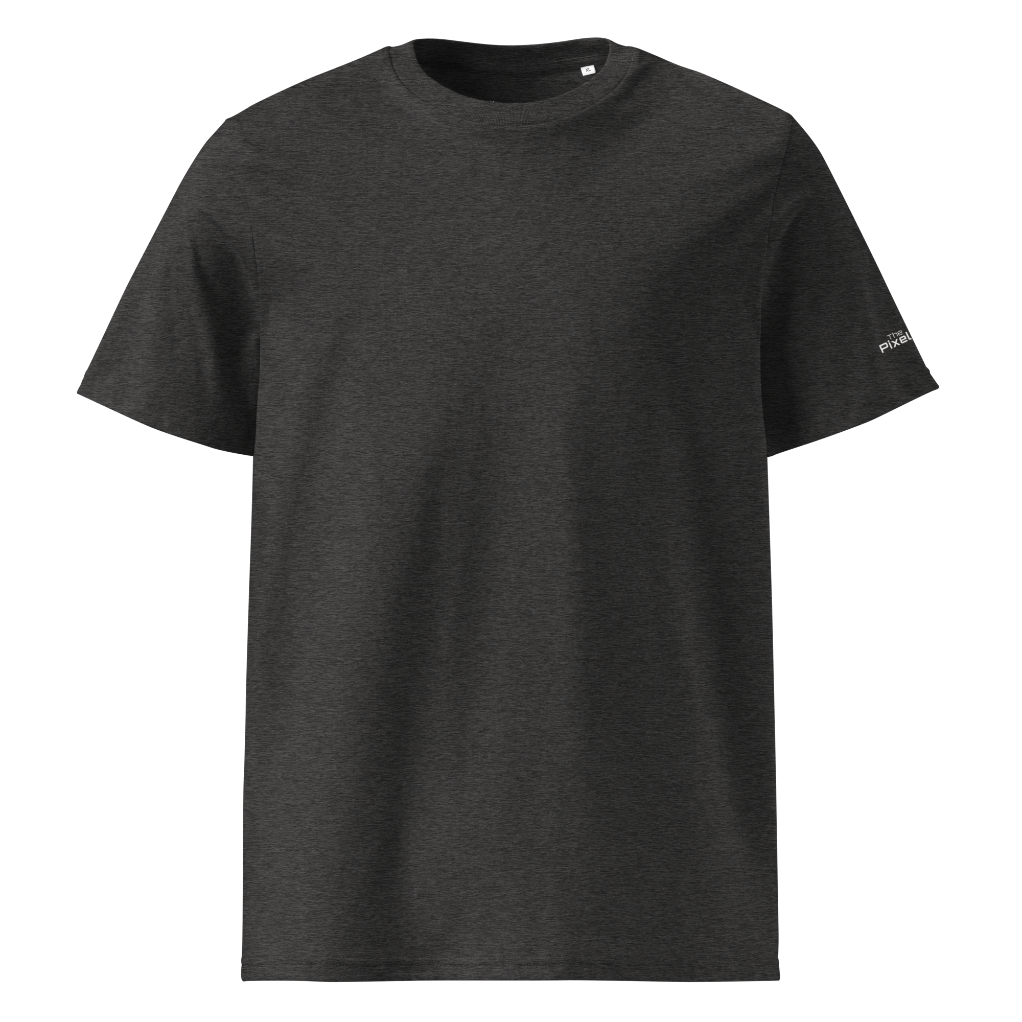 Dark Heather Grey organic cotton t-shirt front flat view – The Pixel Wolf