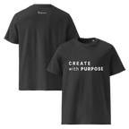 Dark Heather Grey organic cotton t-shirt with “CREATE with PURPOSE” front print and The Pixel Wolf logo on back