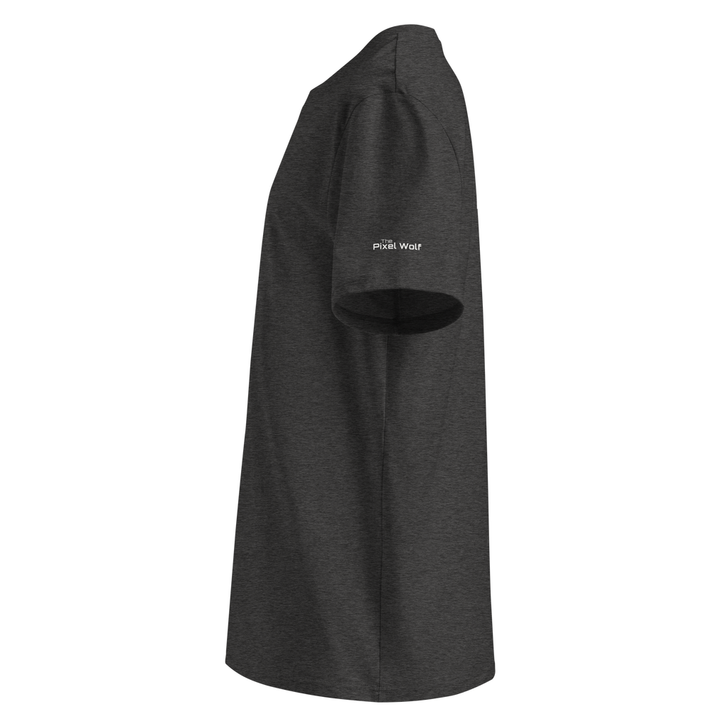 Dark Heather Grey organic cotton t-shirt left side view with sleeve logo detail – The Pixel Wolf