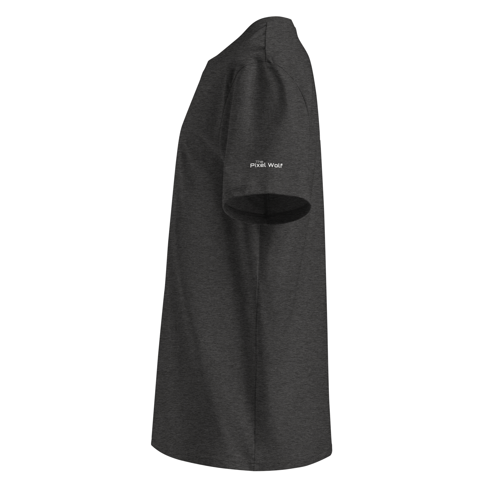 Dark Heather Grey organic cotton t-shirt left side view with sleeve logo detail – The Pixel Wolf
