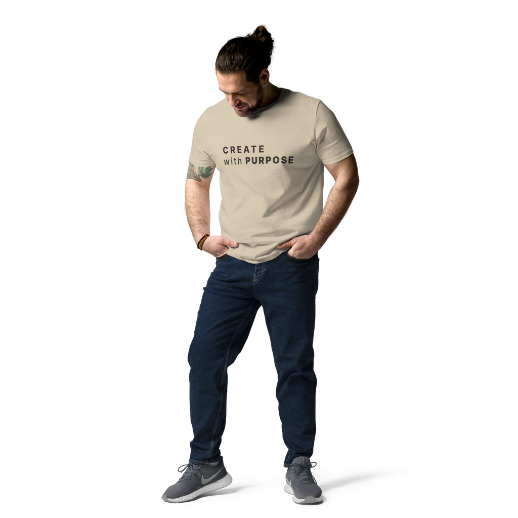 Desert Dust organic cotton t-shirt lifestyle photo of man wearing “CREATE with PURPOSE”