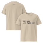Desert Dust organic cotton t-shirt dual view (front + back) with “CREATE with PURPOSE” front print and The Pixel Wolf logo on back