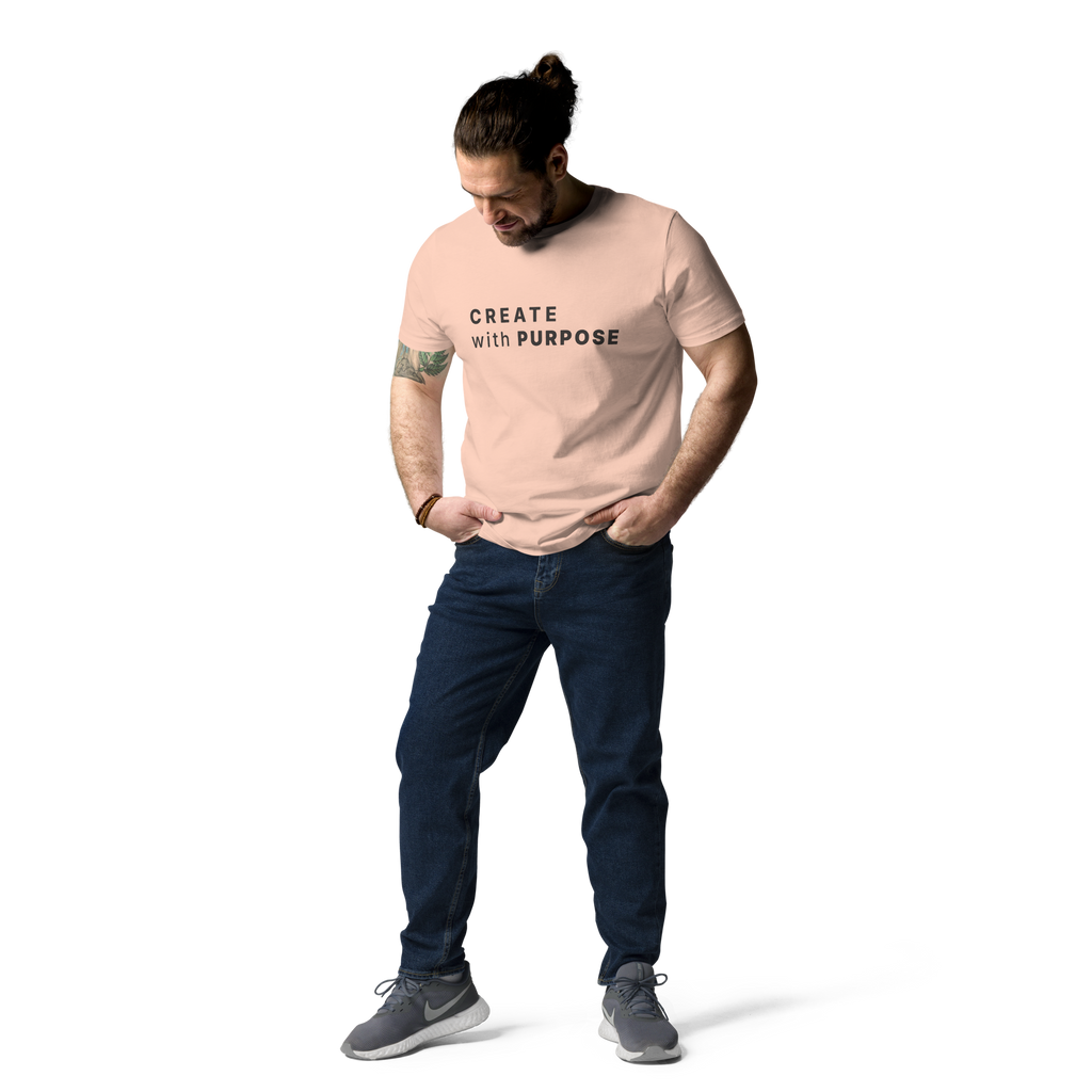 Fraiche Peche organic cotton t-shirt lifestyle photo of man wearing “CREATE with PURPOSE”