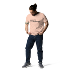 Fraiche Peche organic cotton t-shirt lifestyle photo of man wearing “CREATE with PURPOSE”