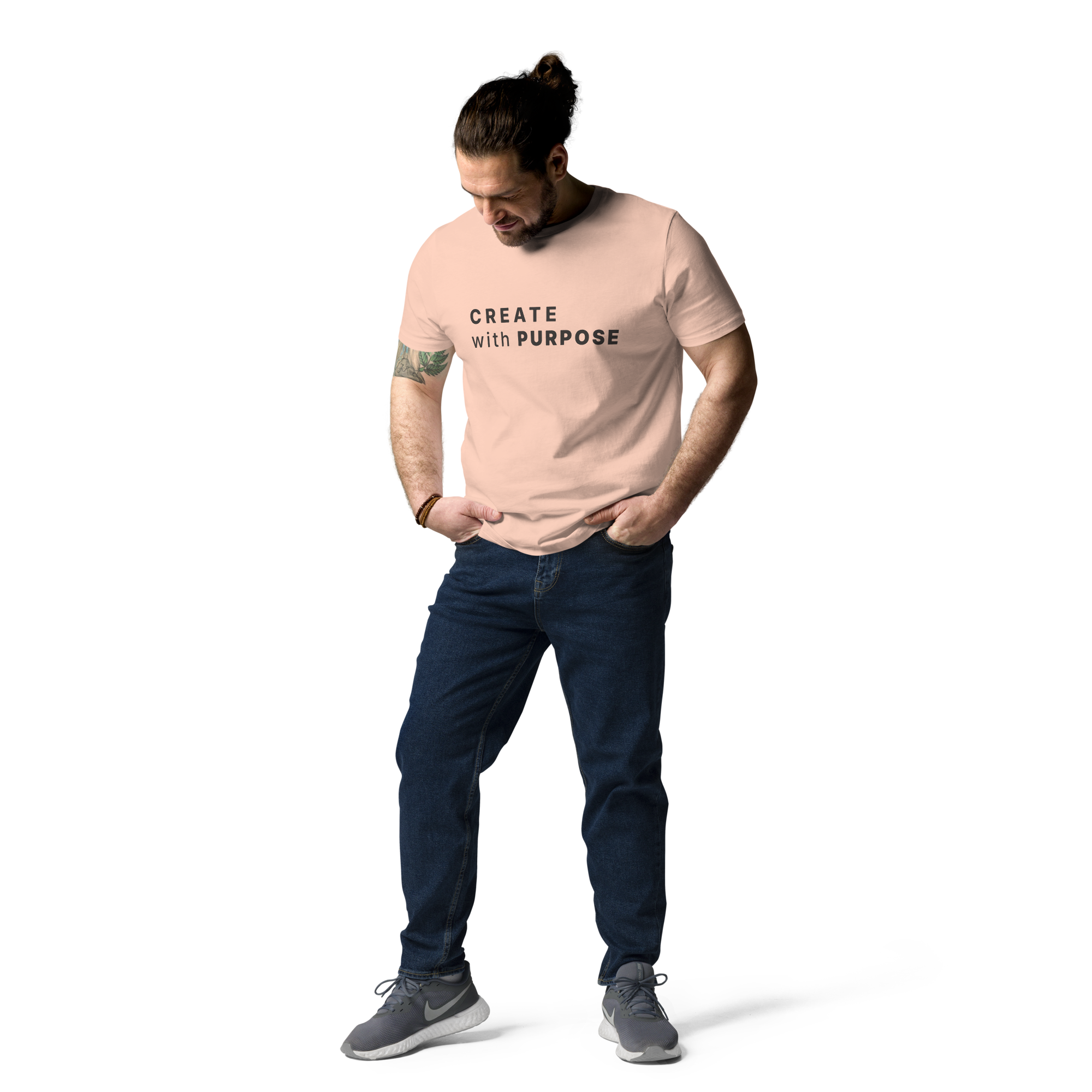Fraiche Peche organic cotton t-shirt lifestyle photo of man wearing “CREATE with PURPOSE”