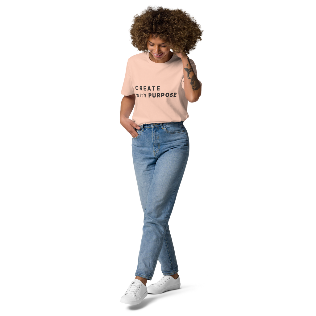 Fraiche Peche organic cotton t-shirt lifestyle photo of woman wearing “CREATE with PURPOSE”