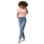 Fraiche Peche organic cotton t-shirt lifestyle photo of woman wearing “CREATE with PURPOSE”