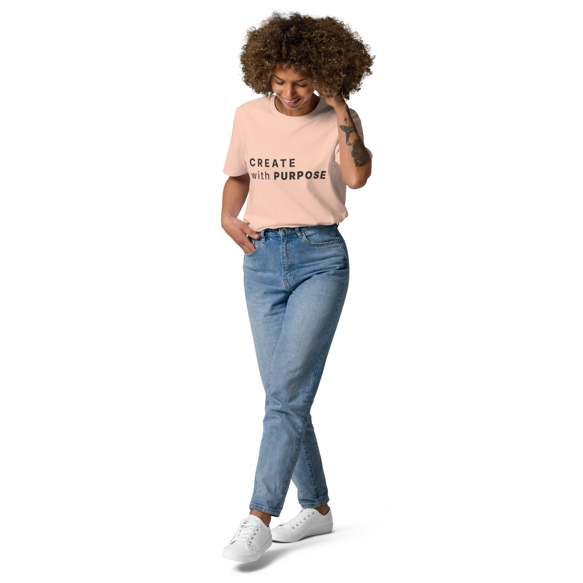 Fraiche Peche organic cotton t-shirt lifestyle photo of woman wearing “CREATE with PURPOSE”