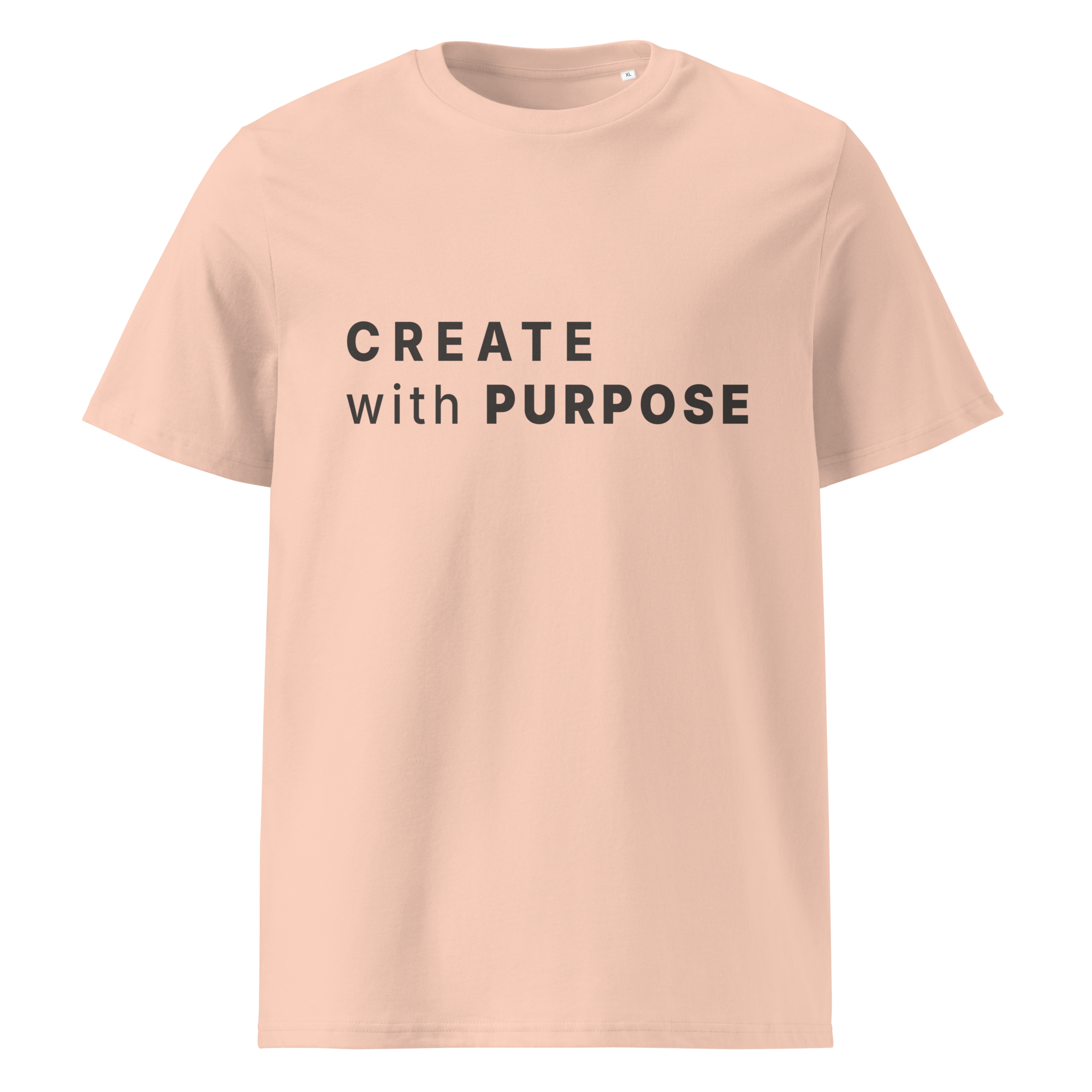 Fraiche Peche organic cotton t-shirt front with “CREATE with PURPOSE” print
