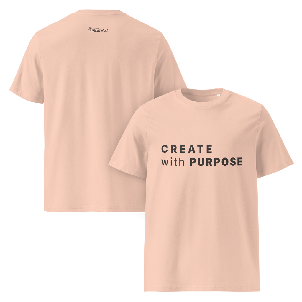 Fraiche Peche organic cotton t-shirt dual view (front + back) with “CREATE with PURPOSE” front print and The Pixel Wolf logo on back