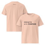 Fraiche Peche organic cotton t-shirt dual view (front + back) with “CREATE with PURPOSE” front print and The Pixel Wolf logo on back