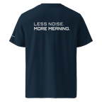 French Navy organic cotton t-shirt back view with “Less Noise More Meaning” slogan – The Pixel Wolf