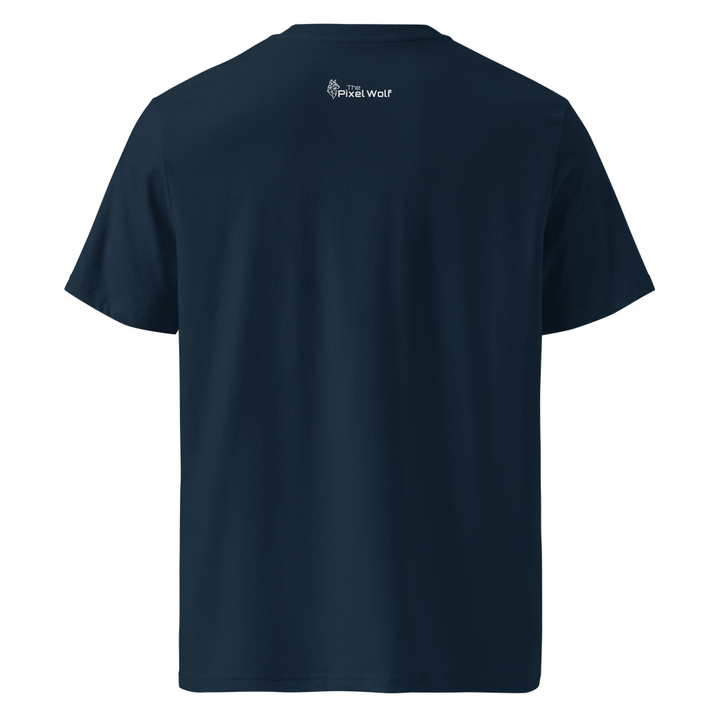 French Navy organic cotton t-shirt with The Pixel Wolf logo printed on upper back