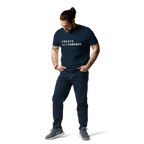 French Navy organic cotton t-shirt lifestyle photo of man wearing “CREATE with PURPOSE”