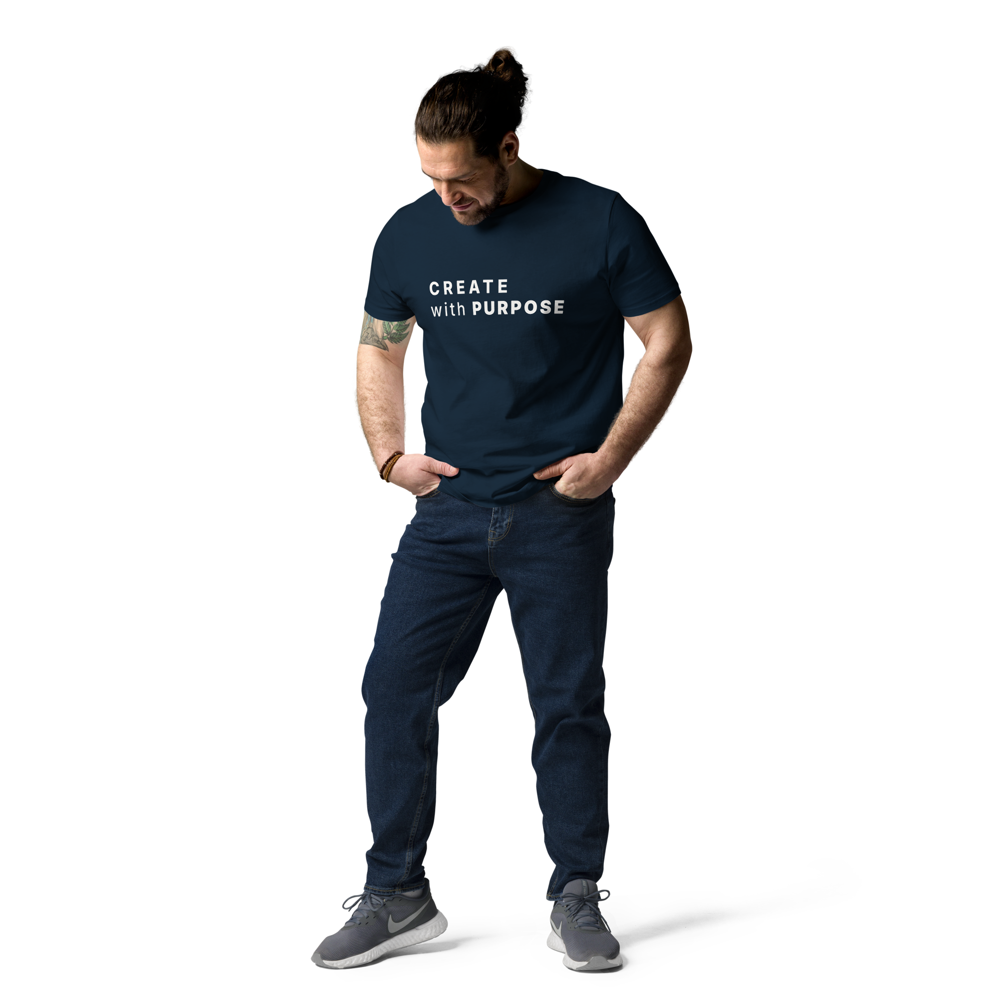 French Navy organic cotton t-shirt lifestyle photo of man wearing “CREATE with PURPOSE”