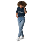 French Navy organic cotton t-shirt lifestyle photo of woman wearing “CREATE with PURPOSE”