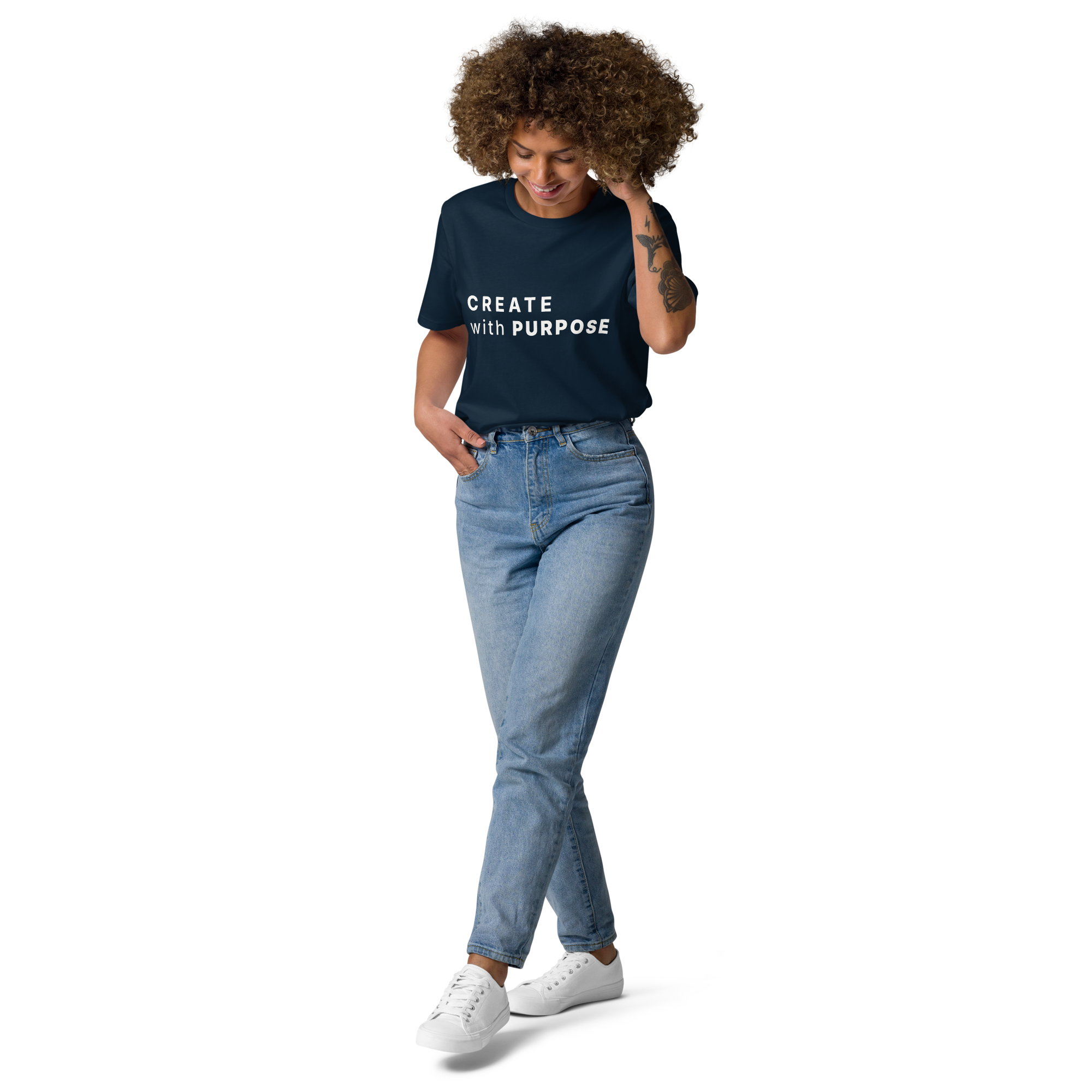French Navy organic cotton t-shirt lifestyle photo of woman wearing “CREATE with PURPOSE”
