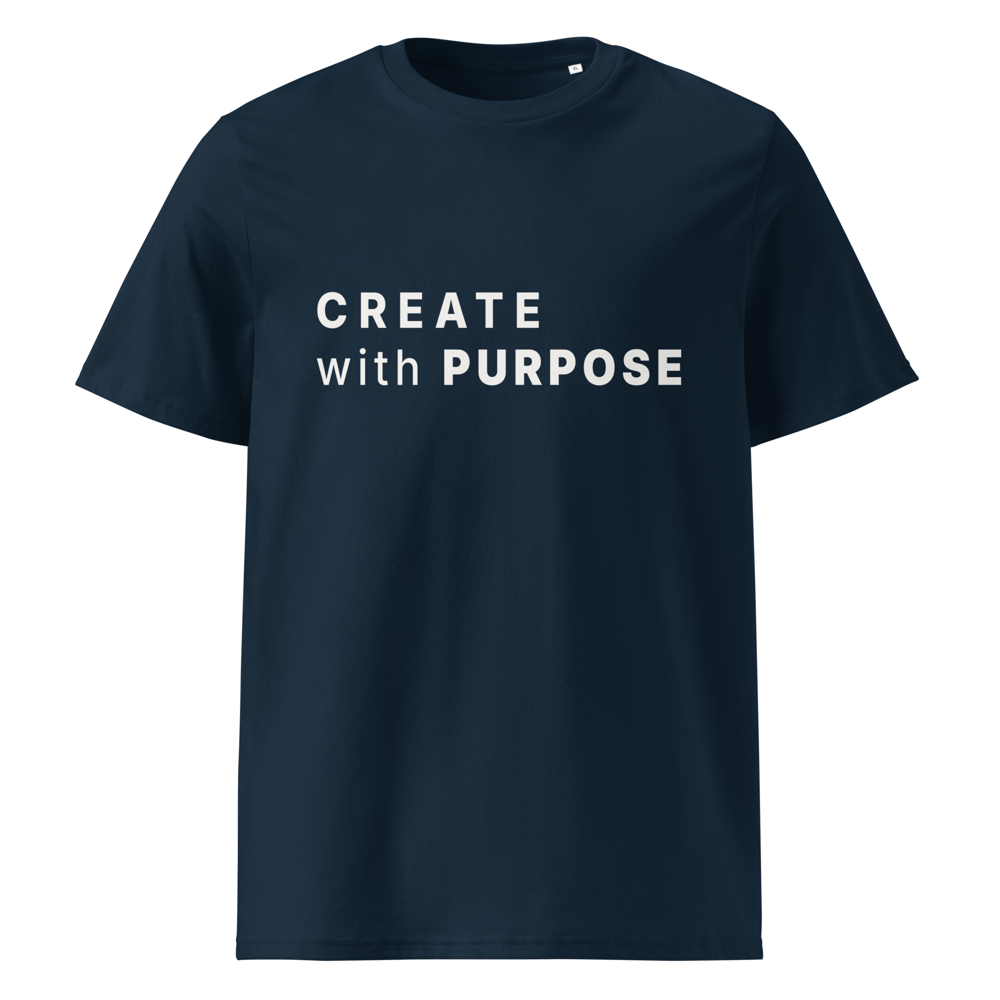 French Navy organic cotton t-shirt with “CREATE with PURPOSE” print on chest