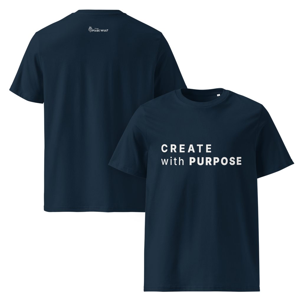 French Navy organic cotton t-shirt with “CREATE with PURPOSE” front print and The Pixel Wolf logo on back