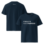 French Navy organic cotton t-shirt with “CREATE with PURPOSE” front print and The Pixel Wolf logo on back