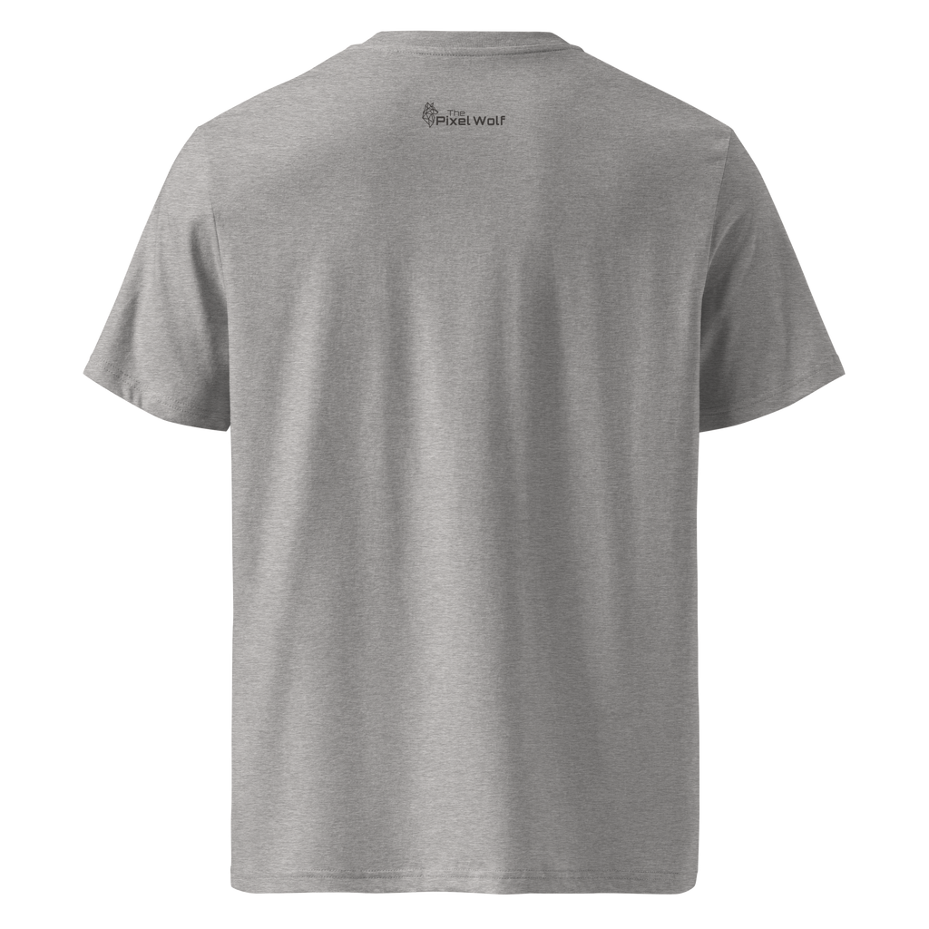Heather Grey organic cotton t-shirt back with The Pixel Wolf logo printed on upper back
