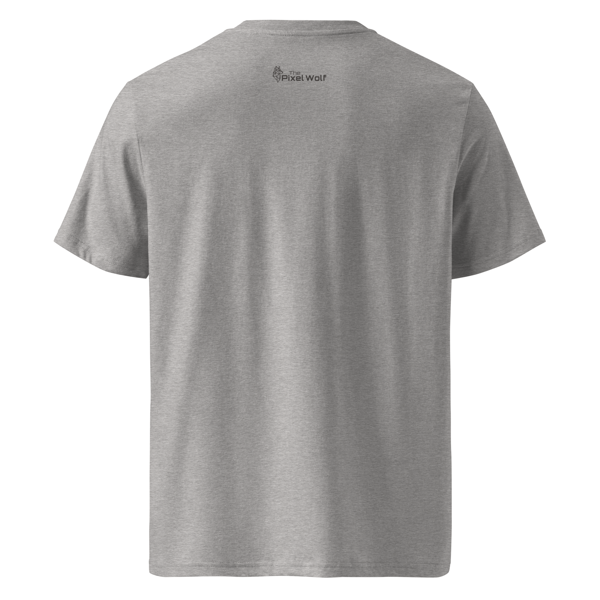 Heather Grey organic cotton t-shirt back with The Pixel Wolf logo printed on upper back