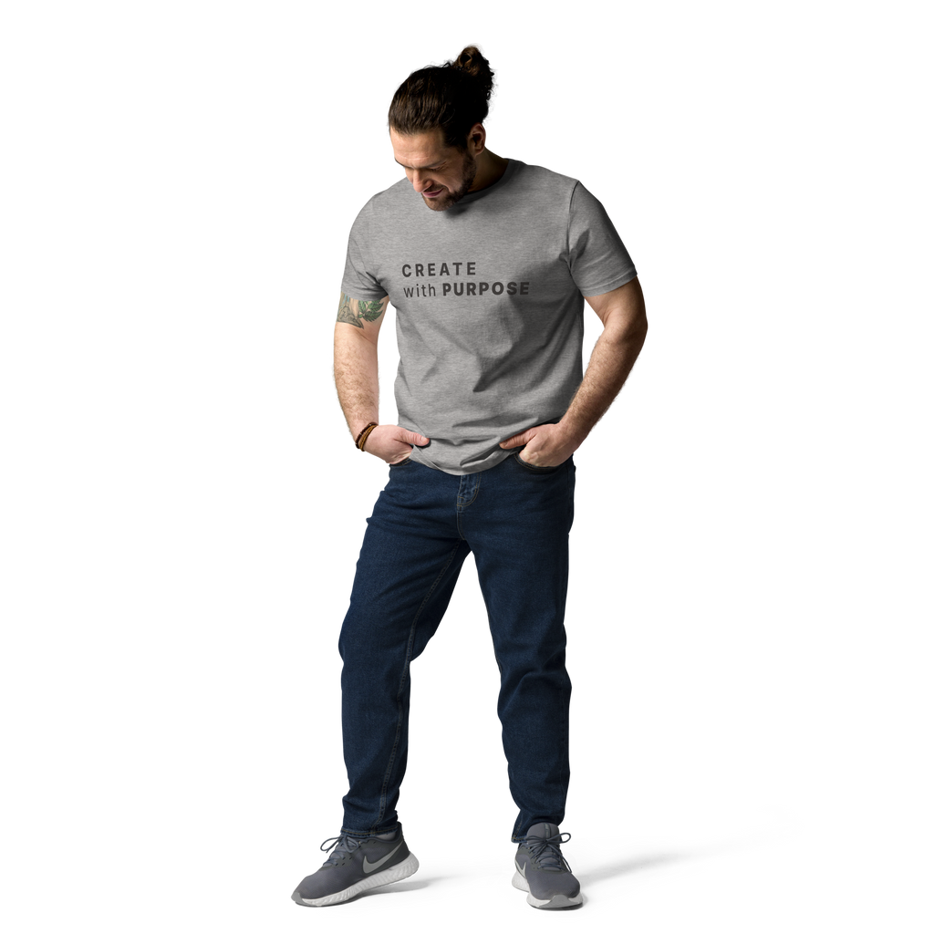 Heather Grey organic cotton t-shirt lifestyle photo of man wearing “CREATE with PURPOSE”