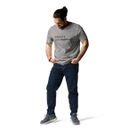 Heather Grey organic cotton t-shirt lifestyle photo of man wearing “CREATE with PURPOSE”