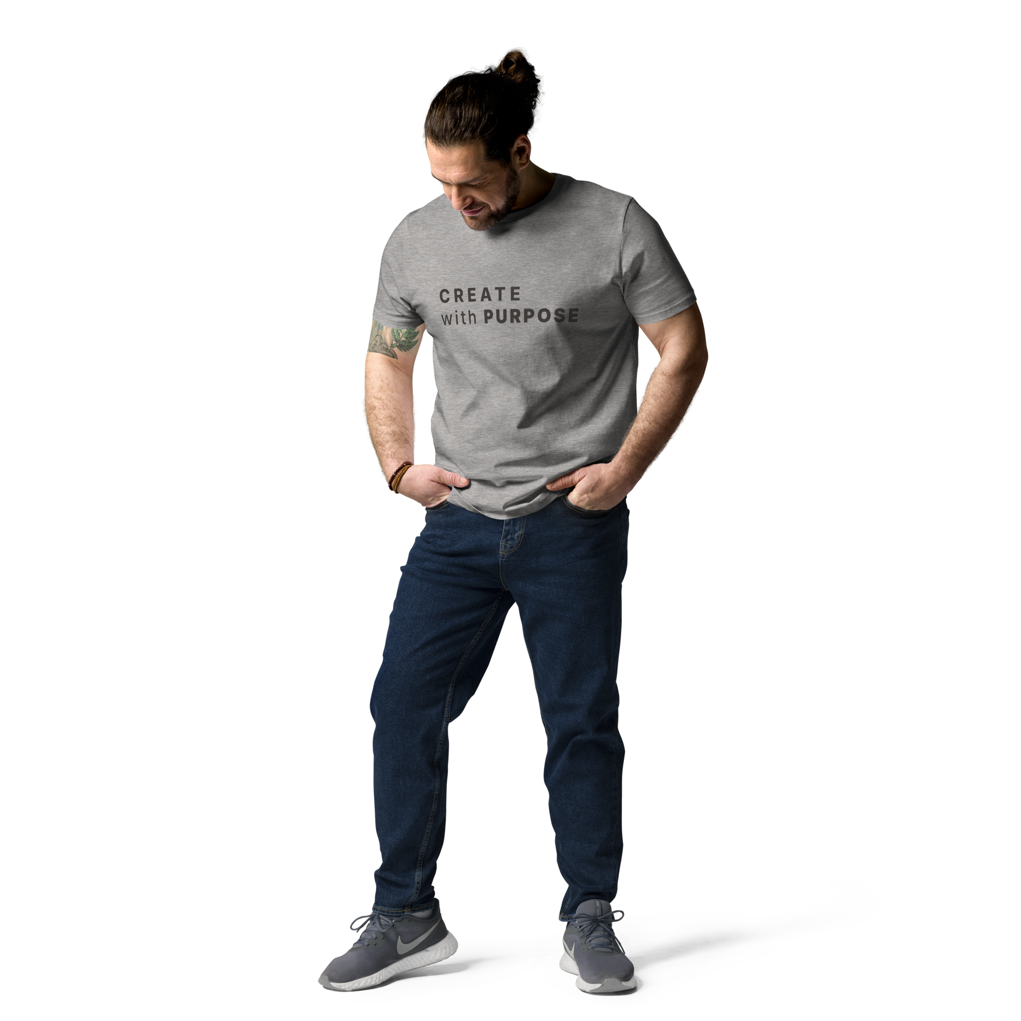 Heather Grey organic cotton t-shirt lifestyle photo of man wearing “CREATE with PURPOSE”