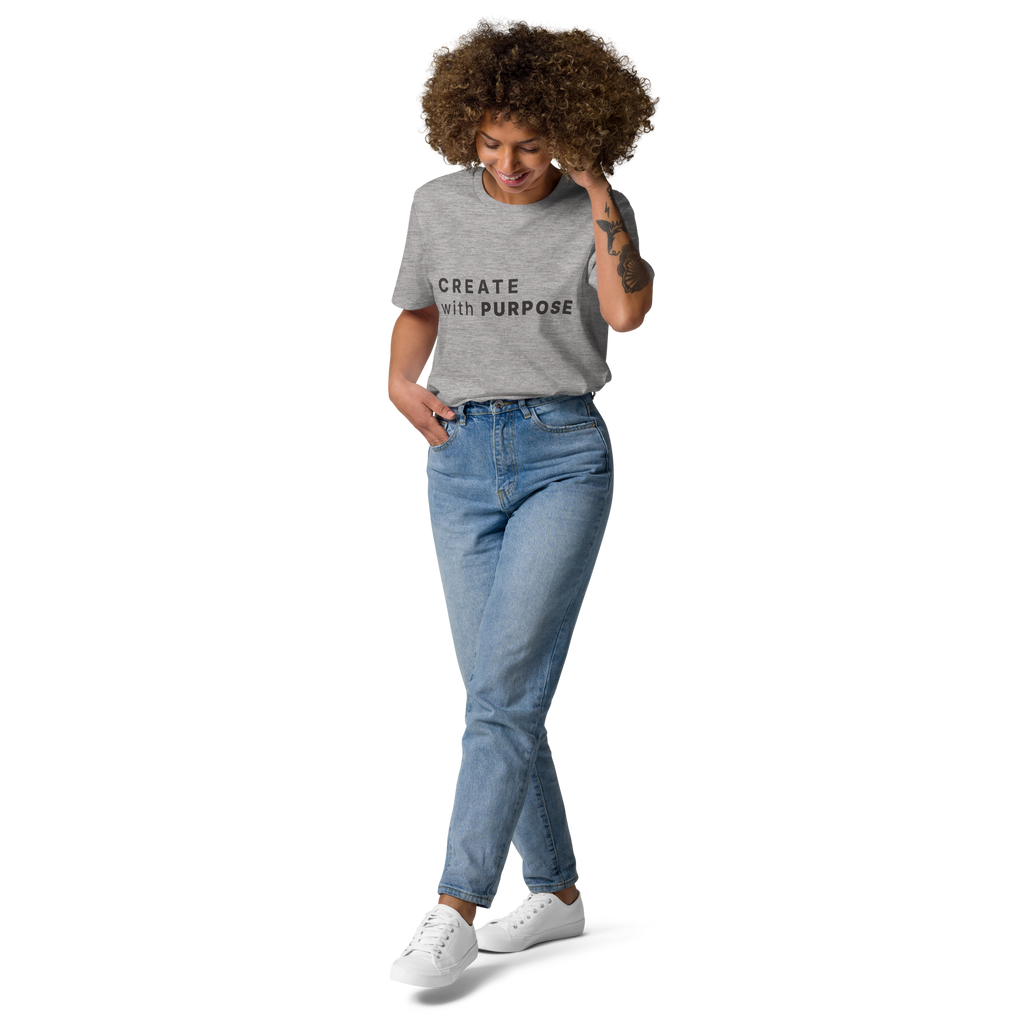 Heather Grey organic cotton t-shirt lifestyle photo of woman wearing “CREATE with PURPOSE”