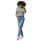 Heather Grey organic cotton t-shirt lifestyle photo of woman wearing “CREATE with PURPOSE”