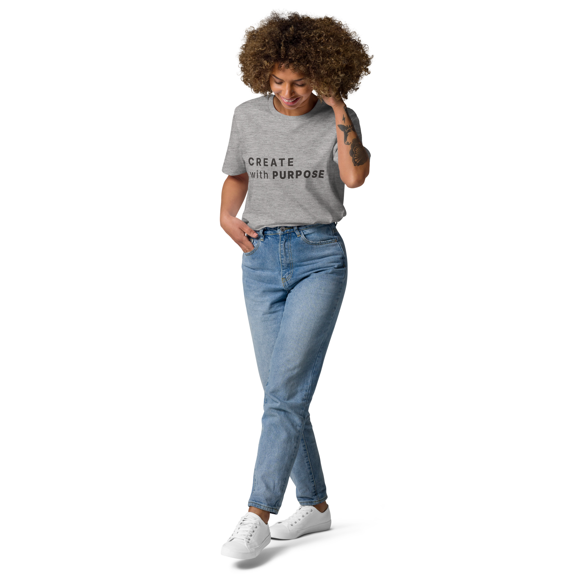 Heather Grey organic cotton t-shirt lifestyle photo of woman wearing “CREATE with PURPOSE”