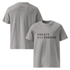 Heather Grey organic cotton t-shirt with “CREATE with PURPOSE” front print and The Pixel Wolf logo on back